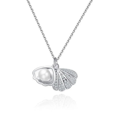 Silver necklace with a shell and pearl pendant on a white background