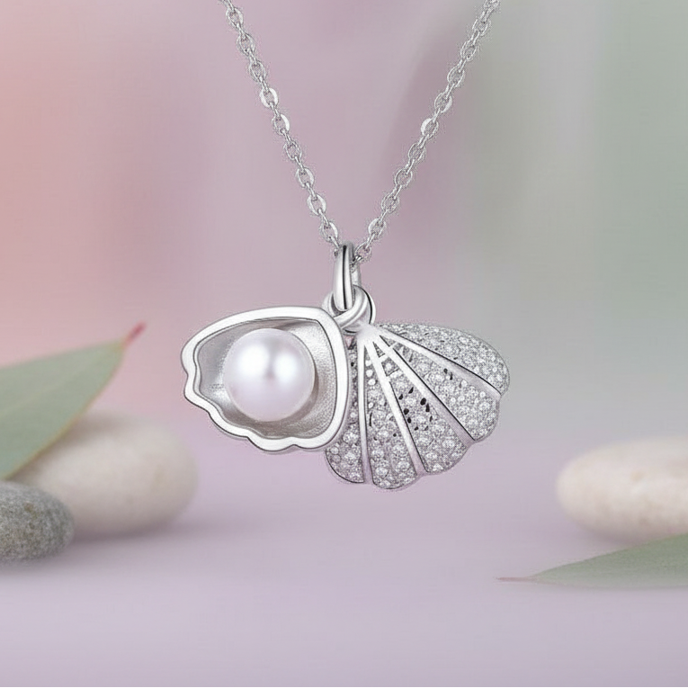 Silver necklace with a shell and pearl pendant on a pastel background