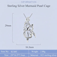 Silver pendant necklace with a mermaid design, shown with dimension markings of 29mm height and 16.3mm width on a white background, with a blue information table below listing size, weight, and material.