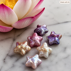 Six small star-shaped beads with an iridescent pearl-like finish in pastel shades of pink, purple, gold, and cream, arranged on a light marble surface next to a pink and white lotus flower.