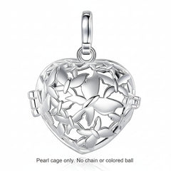 A silver heart-shaped locket pendant with intricate butterfly cutouts, displayed on a clean white background with a the words "Pearl Cage only. No chain or colored ball" below it.