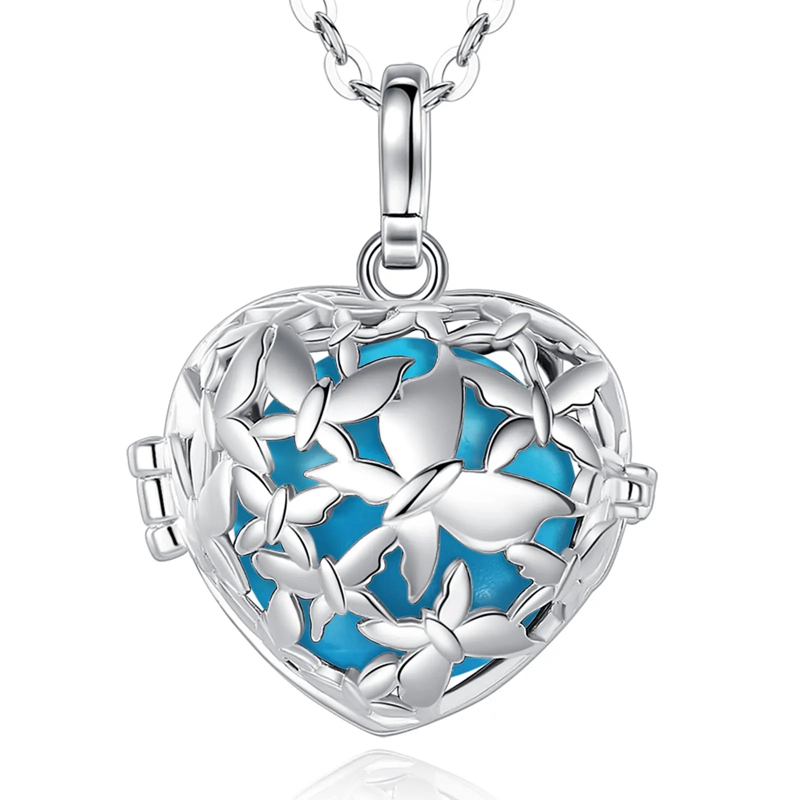 A silver heart-shaped locket pendant necklace with a butterfly cutout design and bright blue enamel inlay, shown on a white background.
