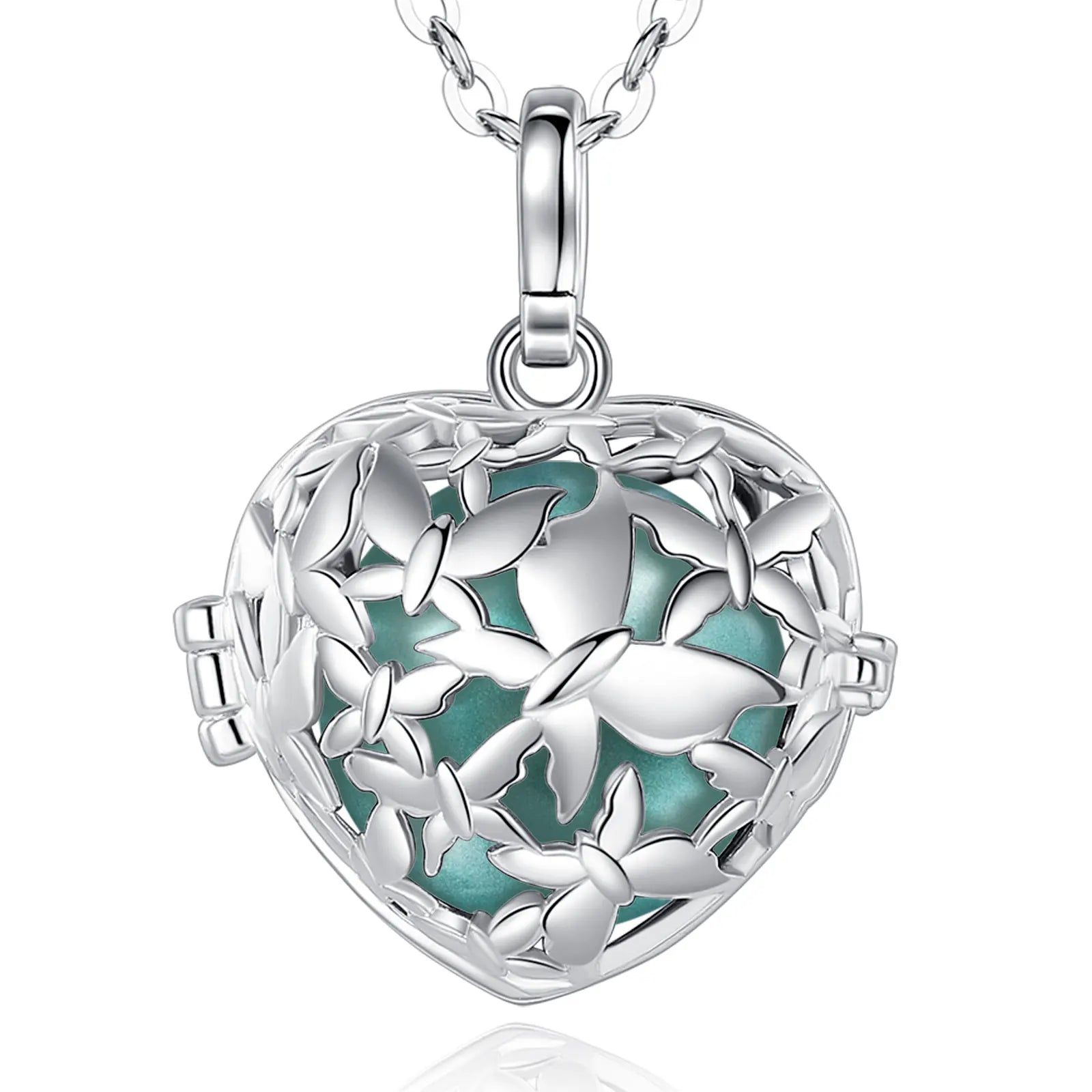 Silver heart-shaped locket pendant necklace with butterfly cutouts and a light green blue enamel background, shown on a white background.
