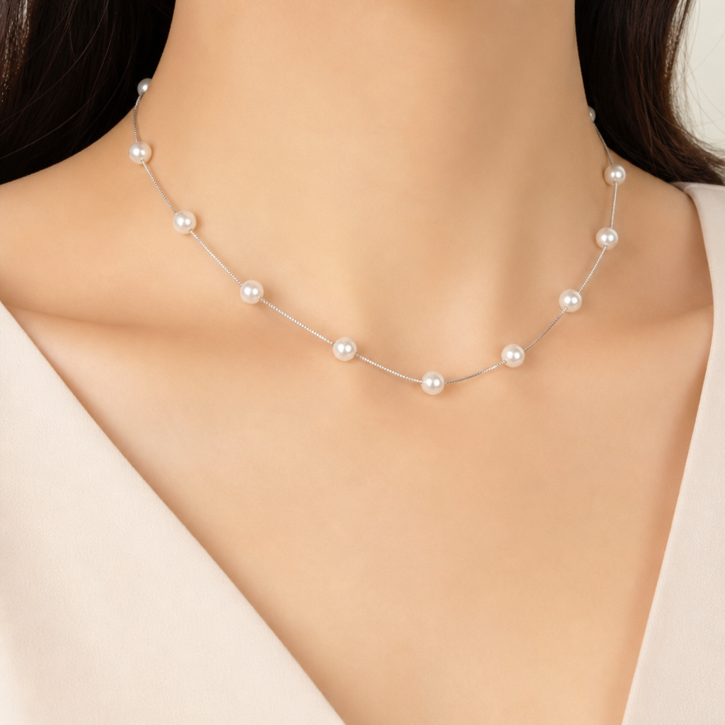 Sterling silver station necklace with evenly spaced micro‑pearls worn on neckline.