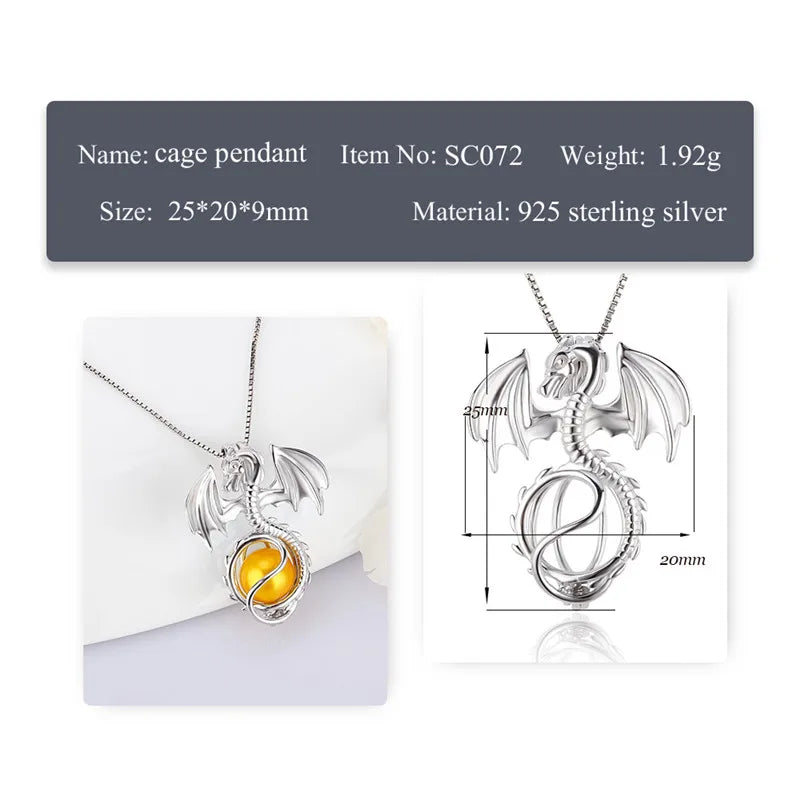 Silver dragon cage pendant necklace with a yellow amber gemstone, shown alongside a technical dimension diagram and product specifications text.