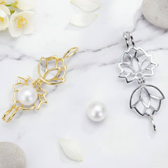 Two leaf-shaped pendant charms with integrated pearl details, one in gold-tone metal and one in silver-tone metal, displayed on a light blue background with a single loose pearl in front.