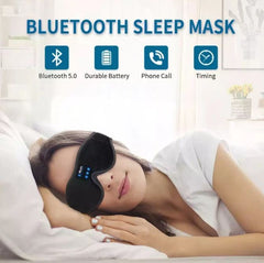 Woman wearing a Bluetooth sleep mask with product features displayed above.
