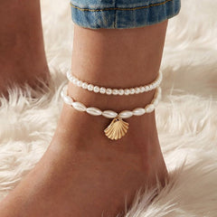 Minimalist Faux Pearl Shell Pendant Ankle Chain – Ethnic Geometric Style