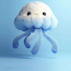 Cute plush toy with a blue and white color scheme on a light blue background