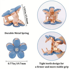 Flower-shaped hair clip with gold and light blue design, showing tight teeth and durable metal spring.