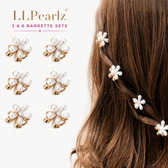 LLPearlz 3- and 6-barrette set graphic showing white pearl-style flower clips and clips worn in brown hair.