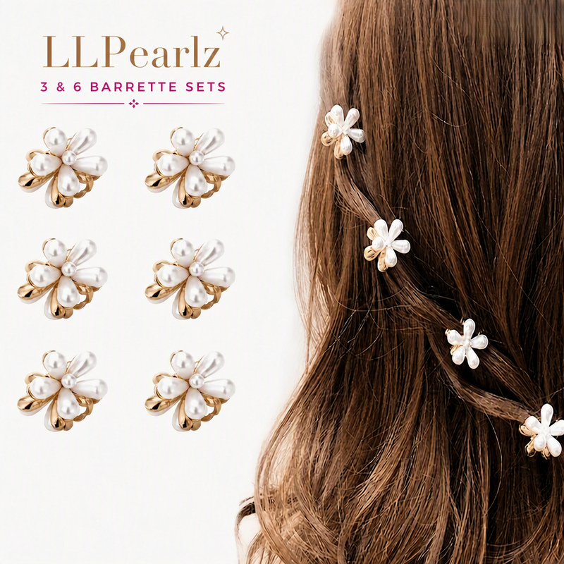 LLPearlz 3- and 6-barrette set graphic showing white pearl-style flower clips and clips worn in brown hair.