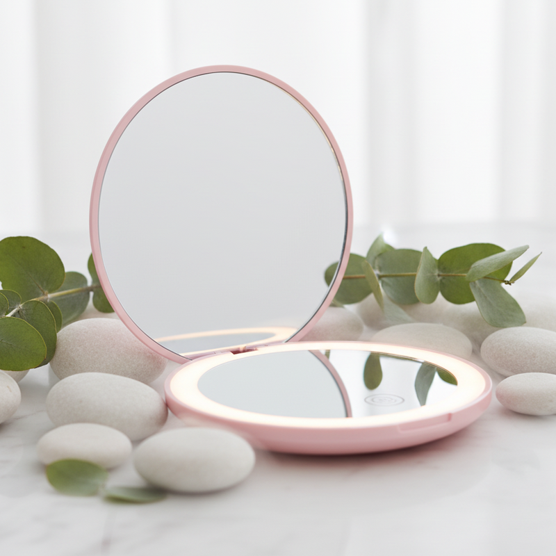 A compact, round lighted makeup mirror with a soft pink frame, shown open against a solid white background.
