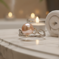 Pink freshwater pearl ring with an intricate silver band and gemstone accents displayed on a marble surface with candles and a spa-style background.