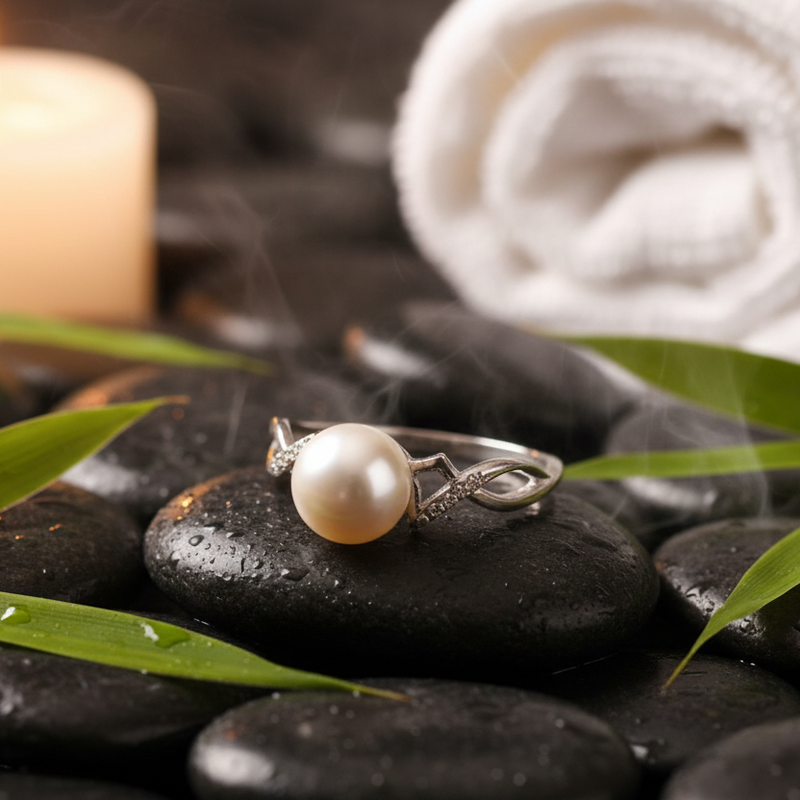 S925 silver ring featuring a natural freshwater pearl displayed on smooth black stones with bamboo leaves, a candle, and a towel creating a serene spa-style setting.