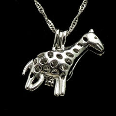 A silver giraffe pendant necklace on a black background
