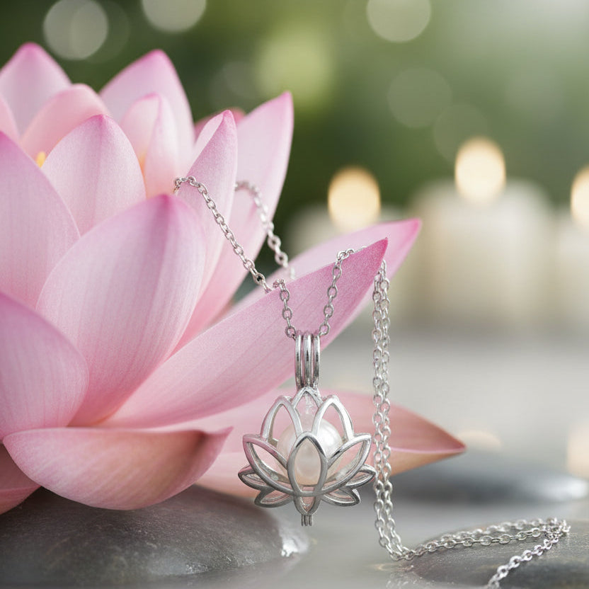 A silver lotus flower pendant necklace on a delicate link chain, shown dangling on a pink lotus flower petal
