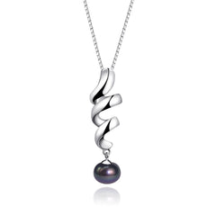 A silver spiral pendant necklace with a single dark gray pearl hanging below, shown on a clean white background with a soft reflection.