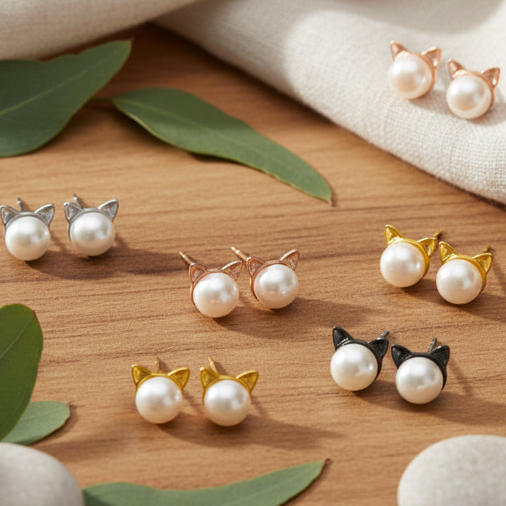 Six pairs of freshwater pearl cat‑ear stud earrings in silver, rose gold, yellow gold, and black styles arranged on a wooden surface with white stones, green leaves, and soft fabric accents.