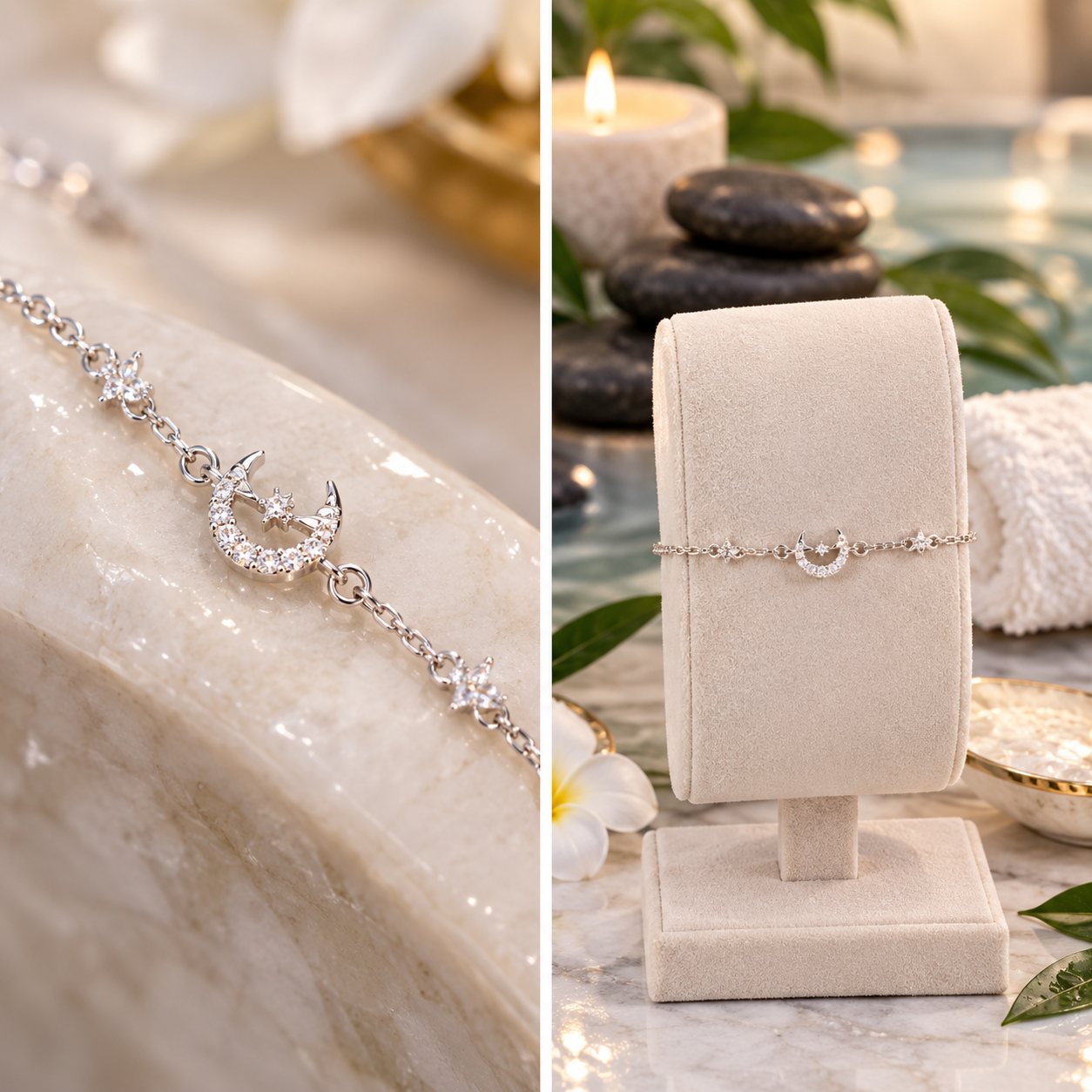 A delicate silver bracelet with a crescent moon and star motif, displayed on a cream jewelry stand and draped over a marble surface. The right side shows the bracelet on the stand against a spa-like background with candles, stones, and green leaves.