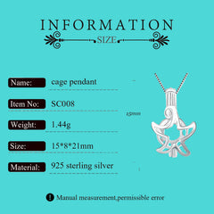 Sterling Silver pearl cage pendant necklace with size and specification details, including material 925 sterling silver, weight 1.44g, and dimensions 15mm and 8mm, shown on an aqua background.