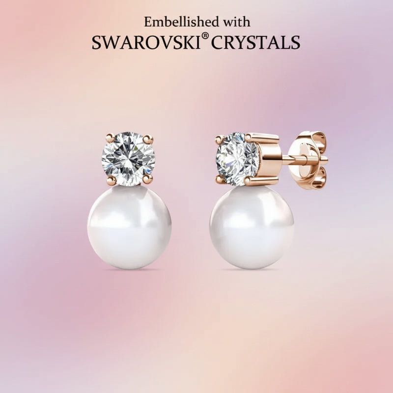 Premium White Pearl earrings with Swarovski crystals on a pastel background