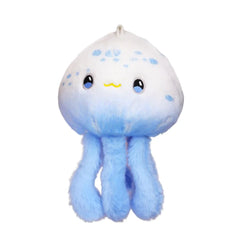 Plush toy resembling a jellyfish with a white body and blue accents on a white background